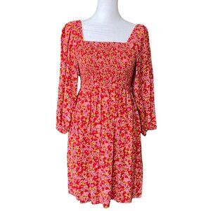 Billabong Red/Pink/Yellow Floral Smocked Mini Dress with Puff Sleeves - Size S